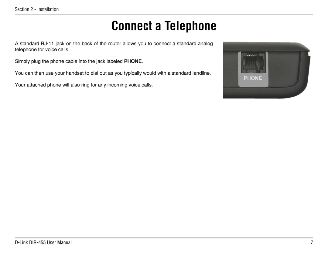 D-Link DIR-455 manual Connect a Telephone 