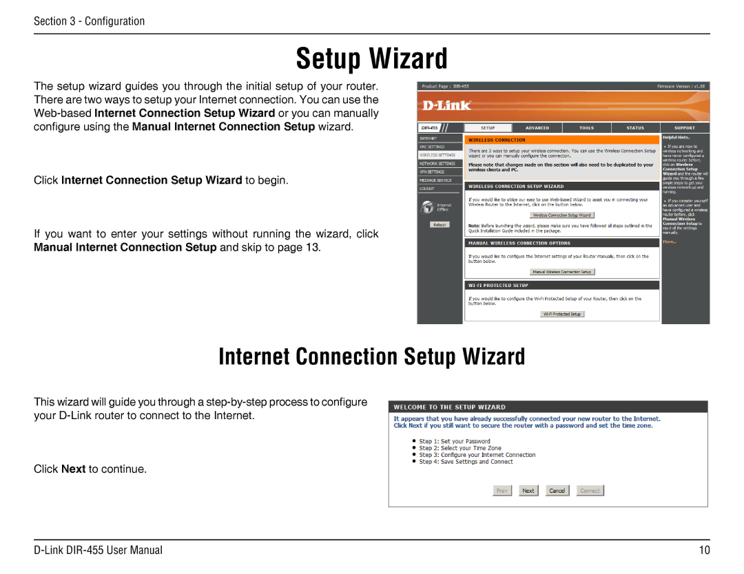 D-Link DIR-455 manual Click Internet Connection Setup Wizard to begin, Manual Internet Connection Setup and skip to 