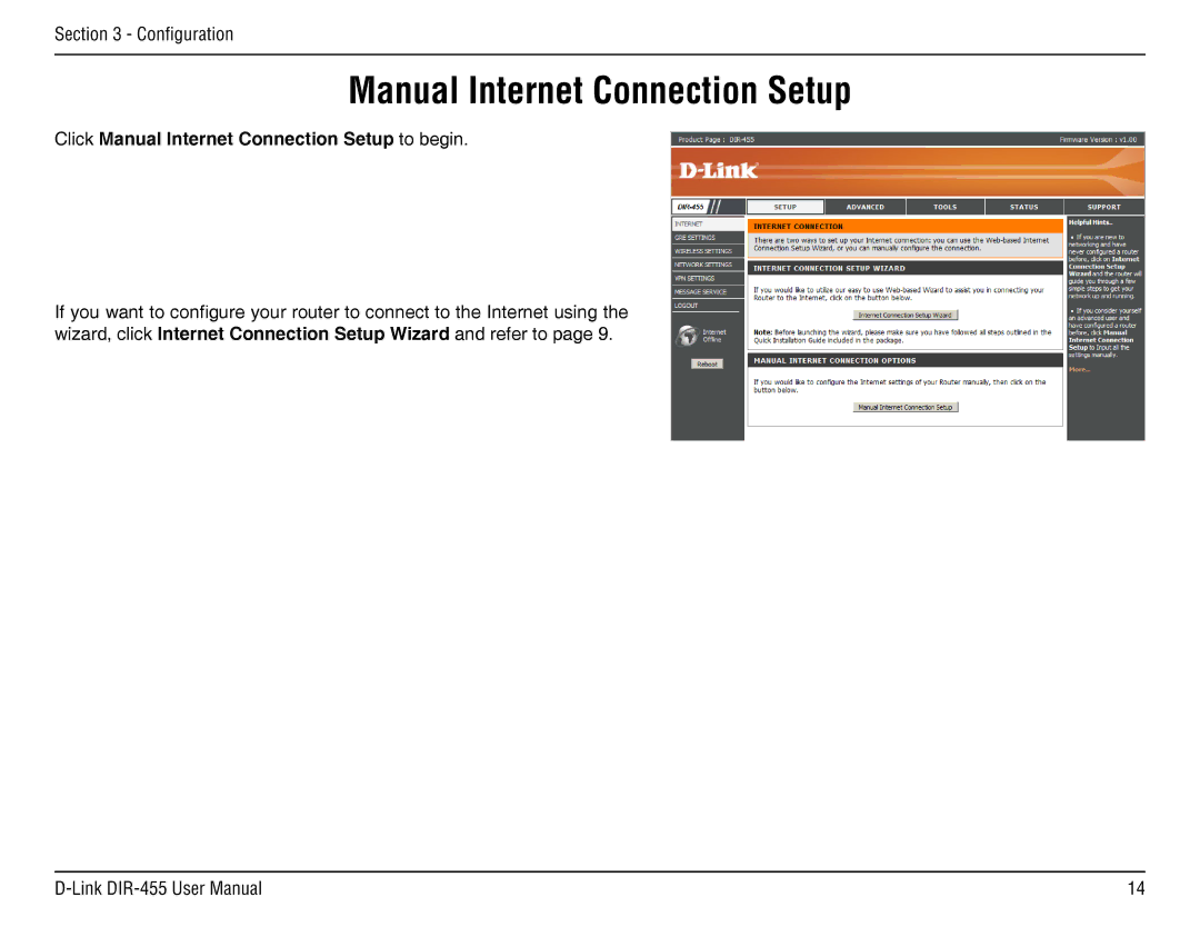 D-Link DIR-455 manual Click Manual Internet Connection Setup to begin 