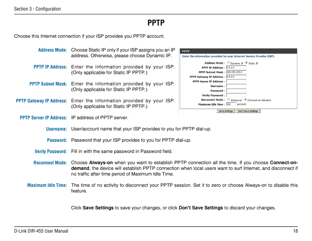 D-Link DIR-455 manual Address Mode, Pptp IP Address, Pptp Subnet Mask, Reconnect Mode 