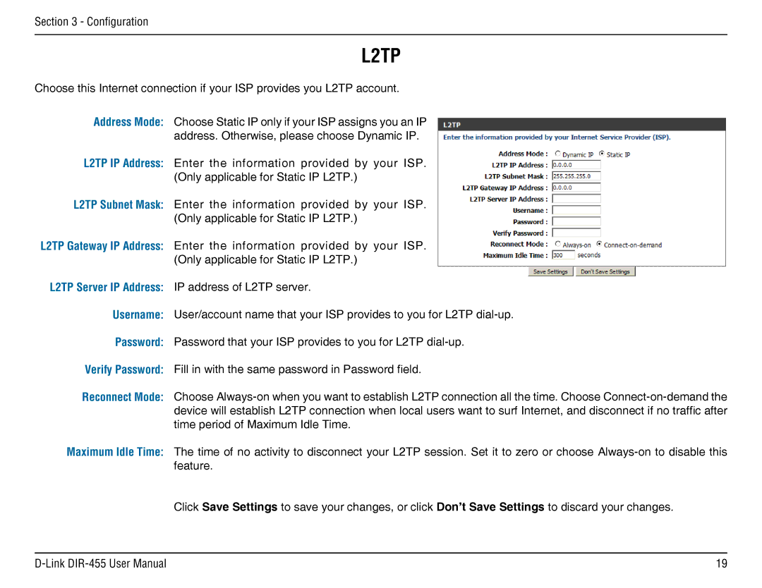 D-Link DIR-455 manual L2TP IP Address, L2TP Subnet Mask 