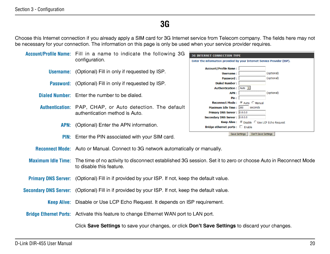 D-Link DIR-455 manual Dialed Number, Authentication, Keep Alive 