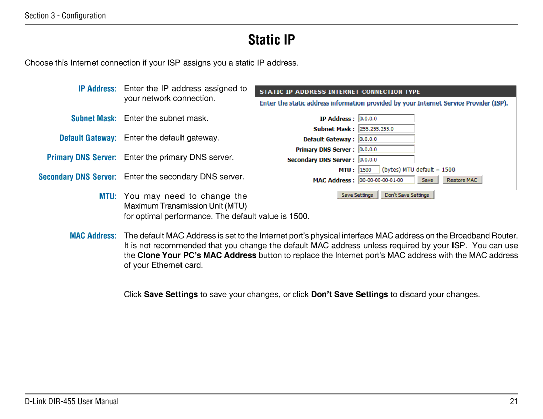 D-Link DIR-455 manual Static IP 