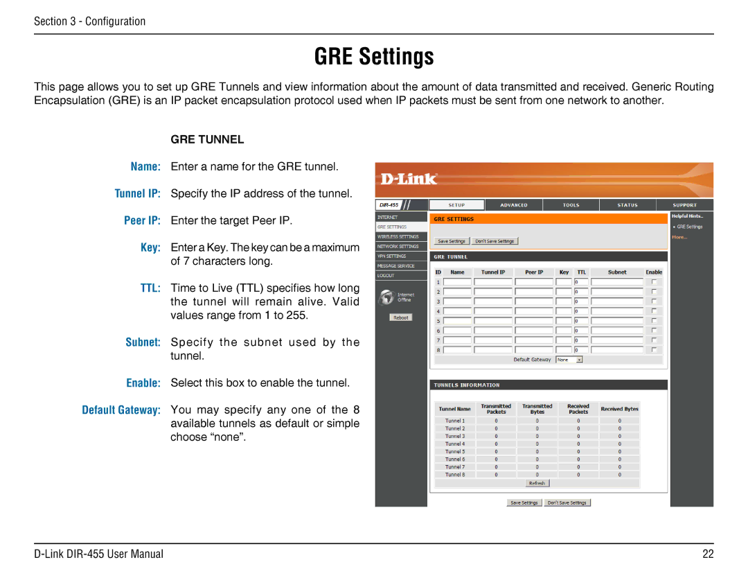 D-Link DIR-455 manual GRE Settings, GRE Tunnel 