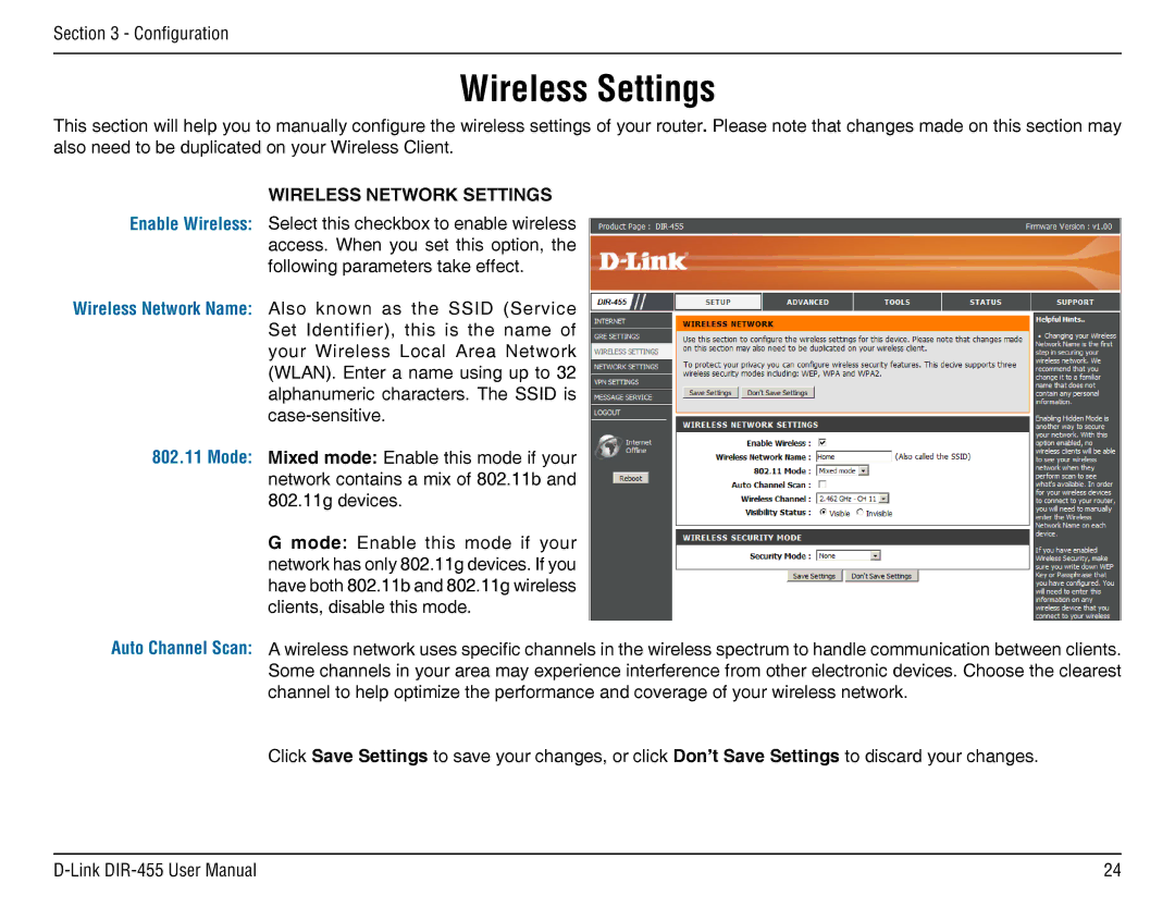 D-Link DIR-455 manual Wireless Settings, Wireless Network Settings, Mode 