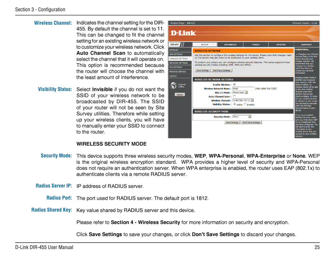 D-Link DIR-455 manual Wireless Security Mode 