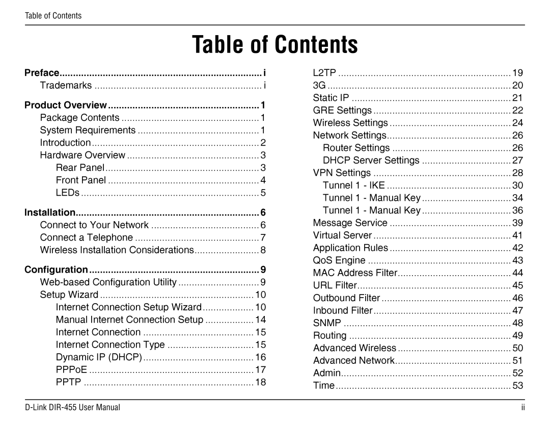 D-Link DIR-455 manual Table of Contents 