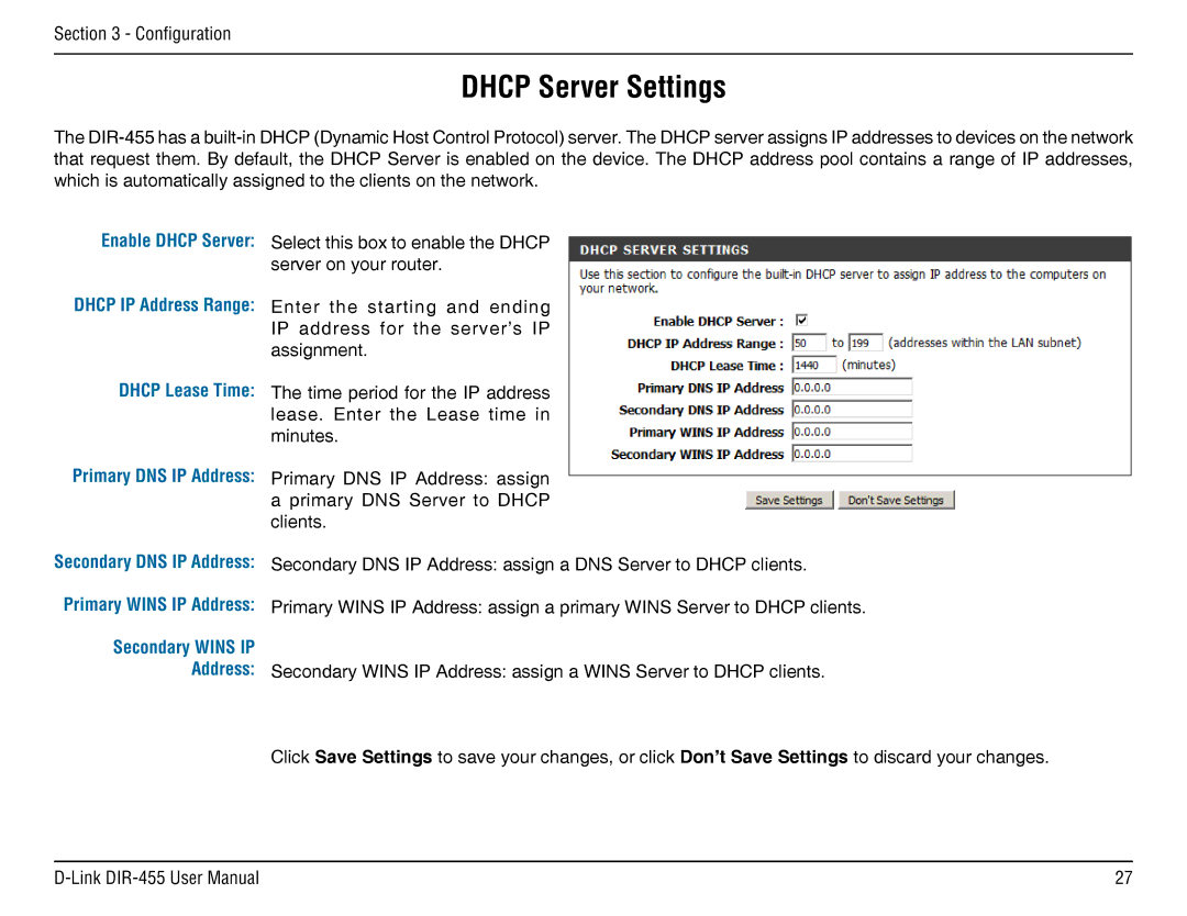 D-Link DIR-455 manual Dhcp Server Settings, Enable Dhcp Server, Dhcp Lease Time, Secondary Wins IP Address 