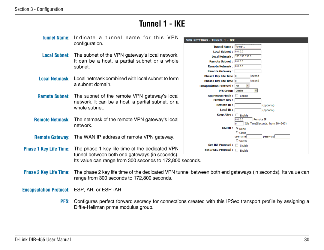 D-Link DIR-455 manual Tunnel 1 IKE, Encapsulation Protocol ESP, AH, or ESP+AH 