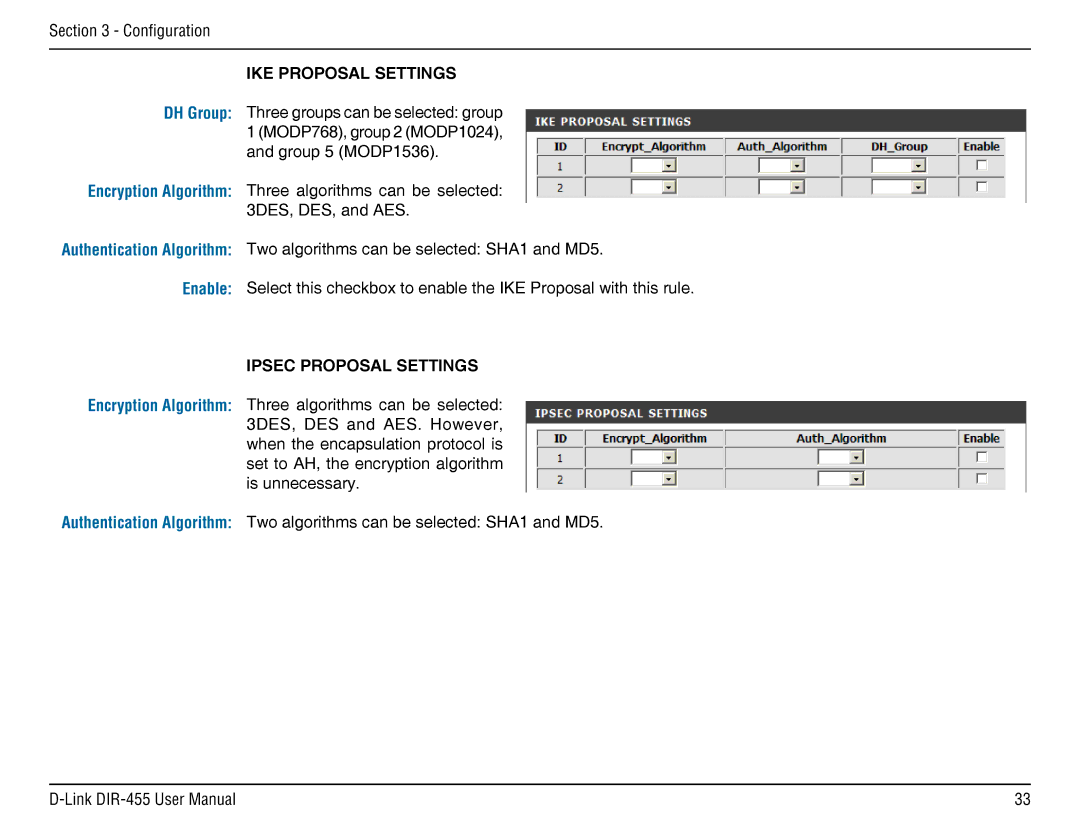 D-Link DIR-455 manual IKE Proposal Settings, Ipsec Proposal Settings 