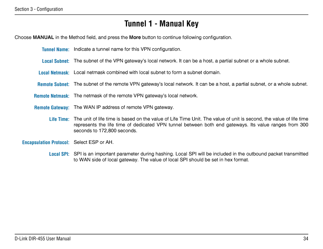 D-Link DIR-455 manual Tunnel 1 Manual Key 