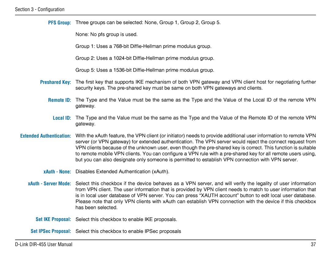 D-Link DIR-455 manual PFS Group, Preshared Key, Remote ID, Local ID, XAuth None, XAuth Server Mode, Set IKE Proposal 