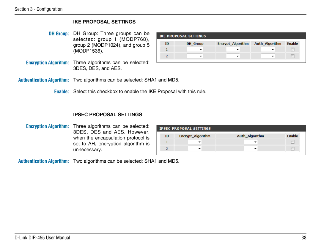 D-Link DIR-455 manual IKE Proposal Settings 