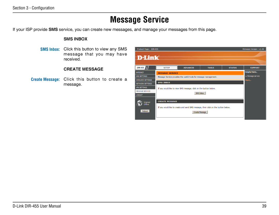 D-Link DIR-455 manual Message Service, SMS Inbox, Create Message 