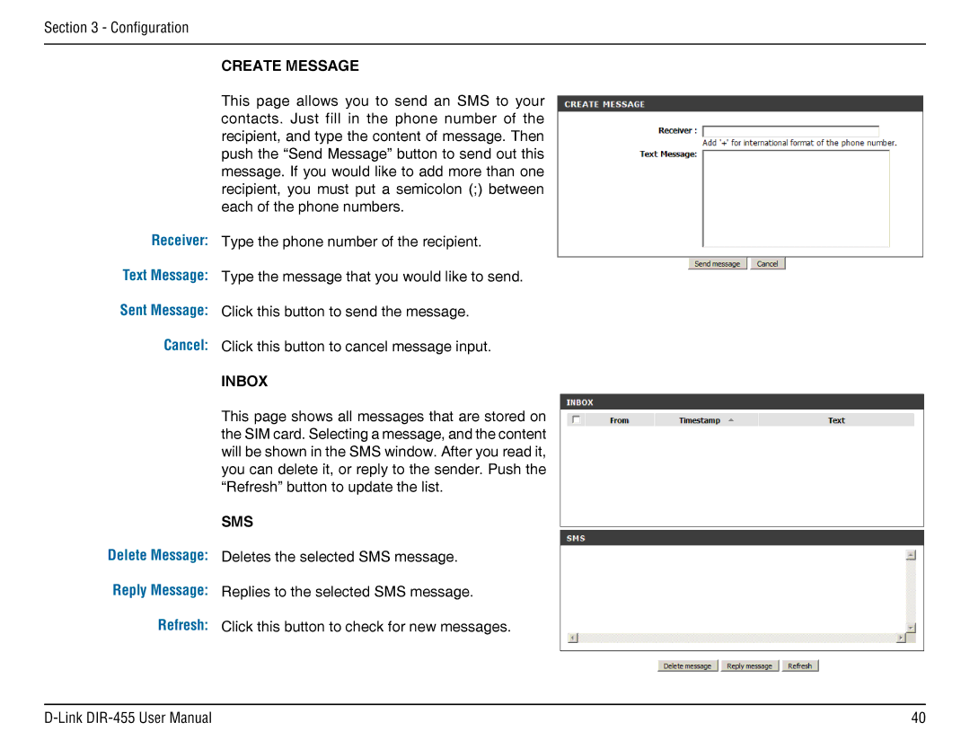 D-Link DIR-455 manual Receiver, Cancel, Inbox, Refresh, Sms 