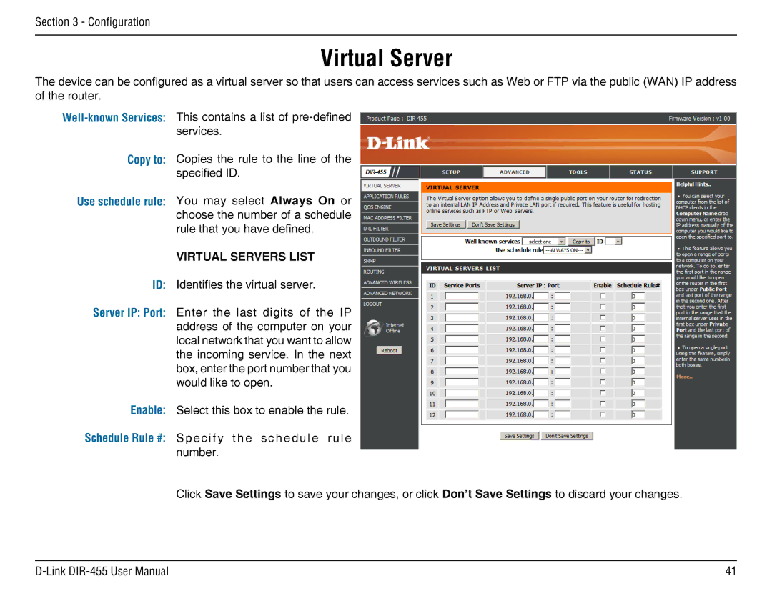 D-Link DIR-455 manual Copy to, Virtual Servers List, Server IP Port, Enable 