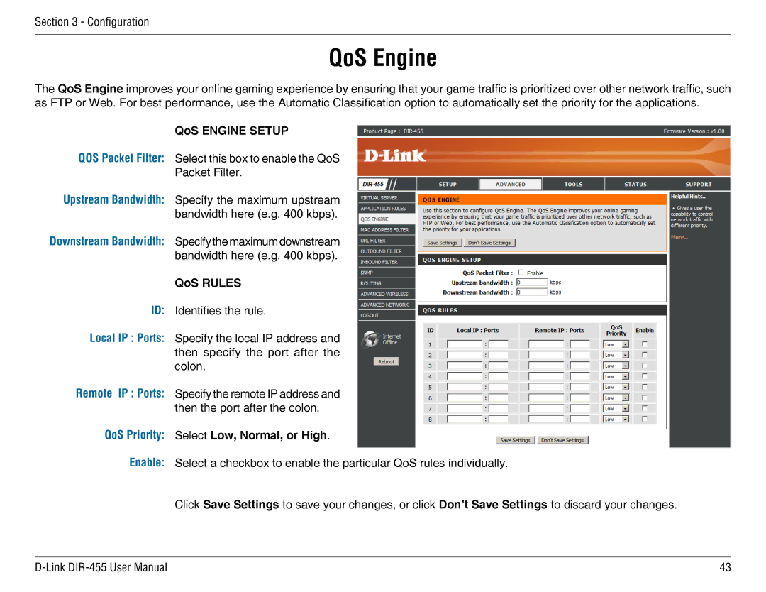 D-Link DIR-455 manual QoS Engine, QOS Packet Filter, Local IP Ports, QoS Priority 