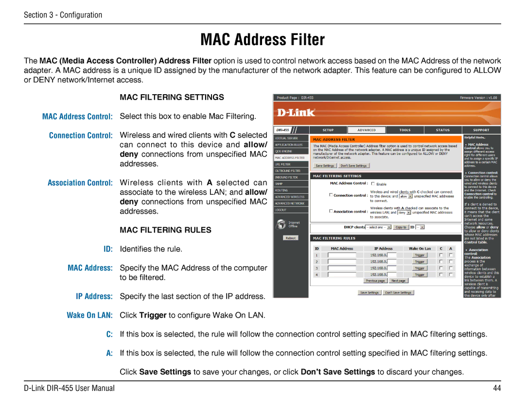 D-Link DIR-455 manual MAC Address Filter, MAC Filtering Settings, MAC Filtering Rules 