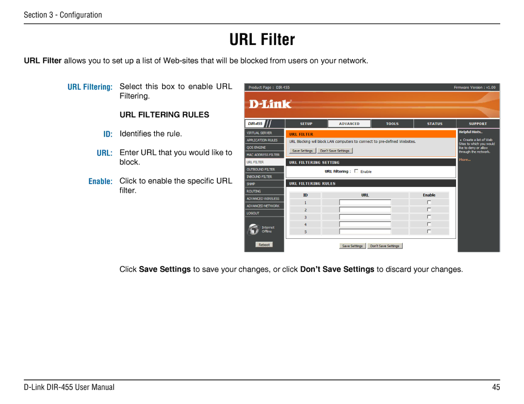 D-Link DIR-455 manual URL Filtering Rules 