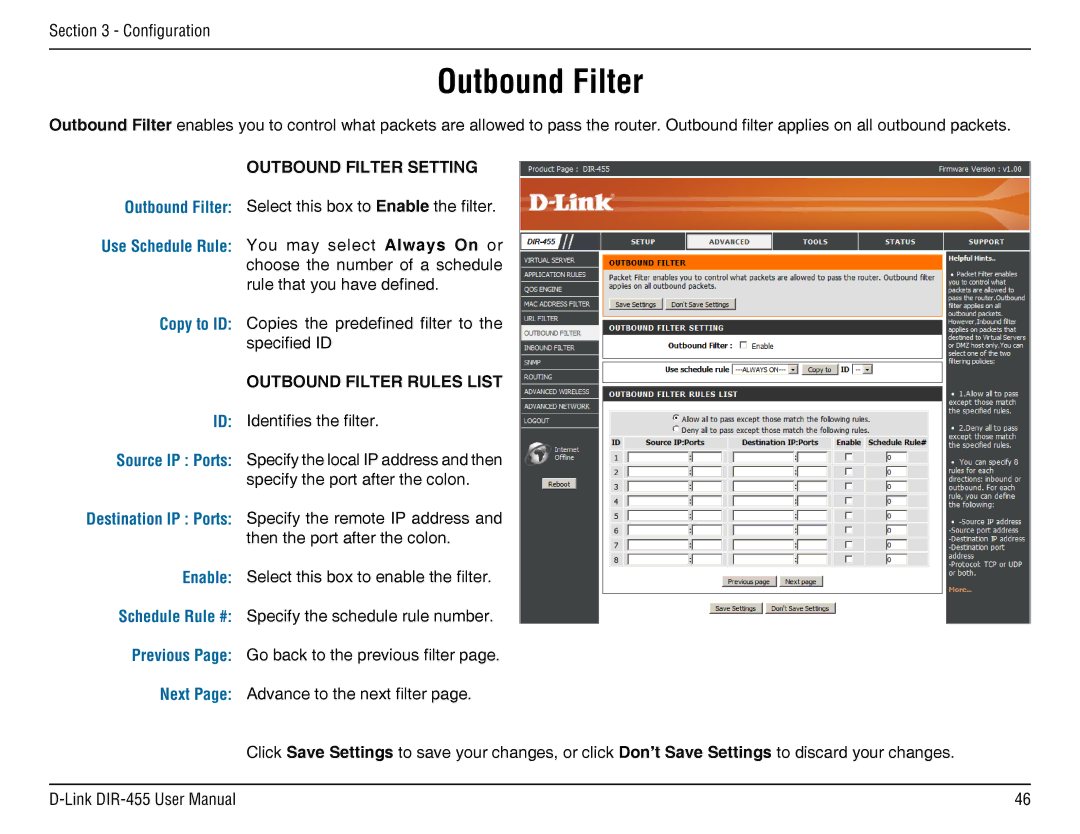 D-Link DIR-455 manual Outbound Filter Setting, Outbound Filter Rules List 