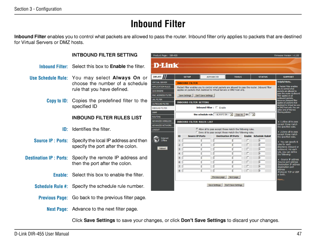 D-Link DIR-455 manual Intbound Filter Setting, Inbound Filter Rules List 