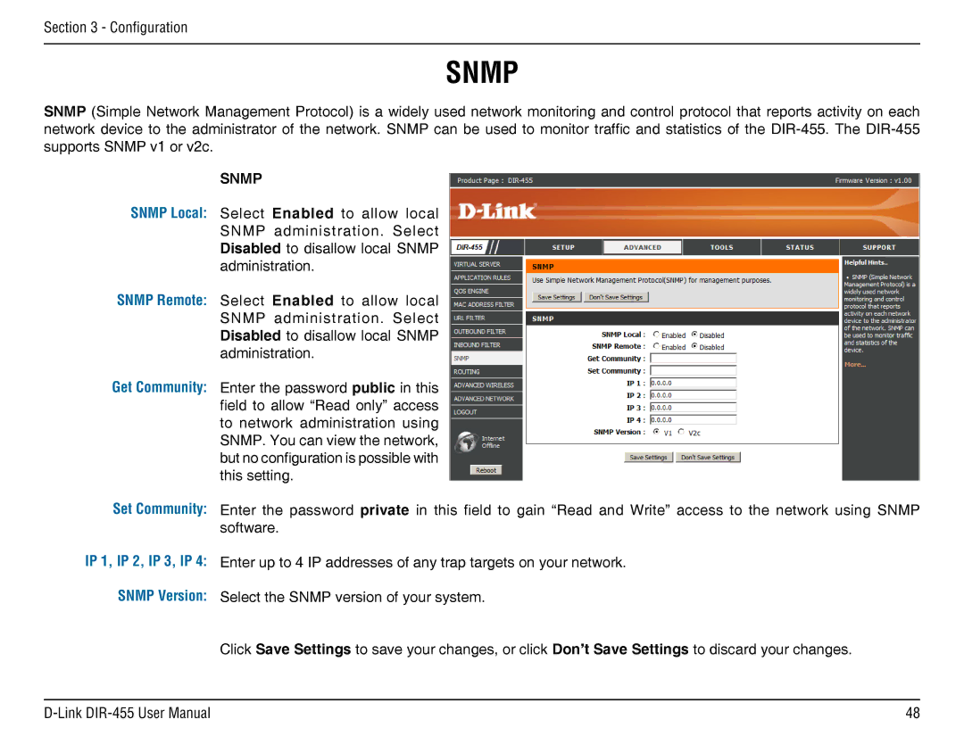 D-Link DIR-455 manual Snmp, Set Community 