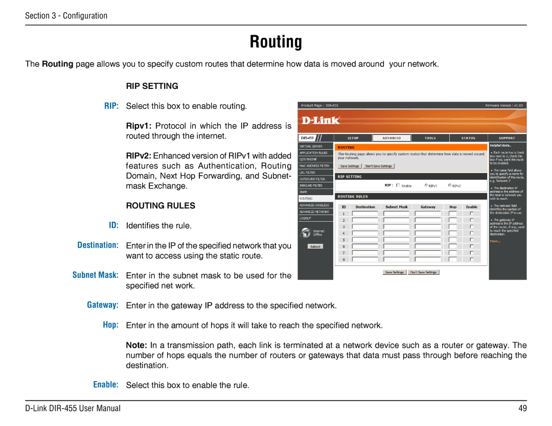 D-Link DIR-455 manual RIP Setting, Routing Rules 