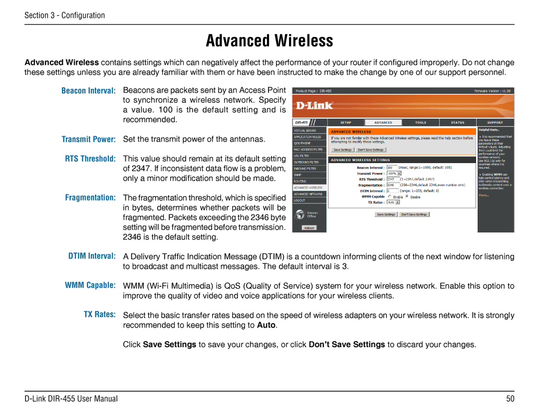 D-Link DIR-455 manual Advanced Wireless, Dtim Interval WMM Capable TX Rates 