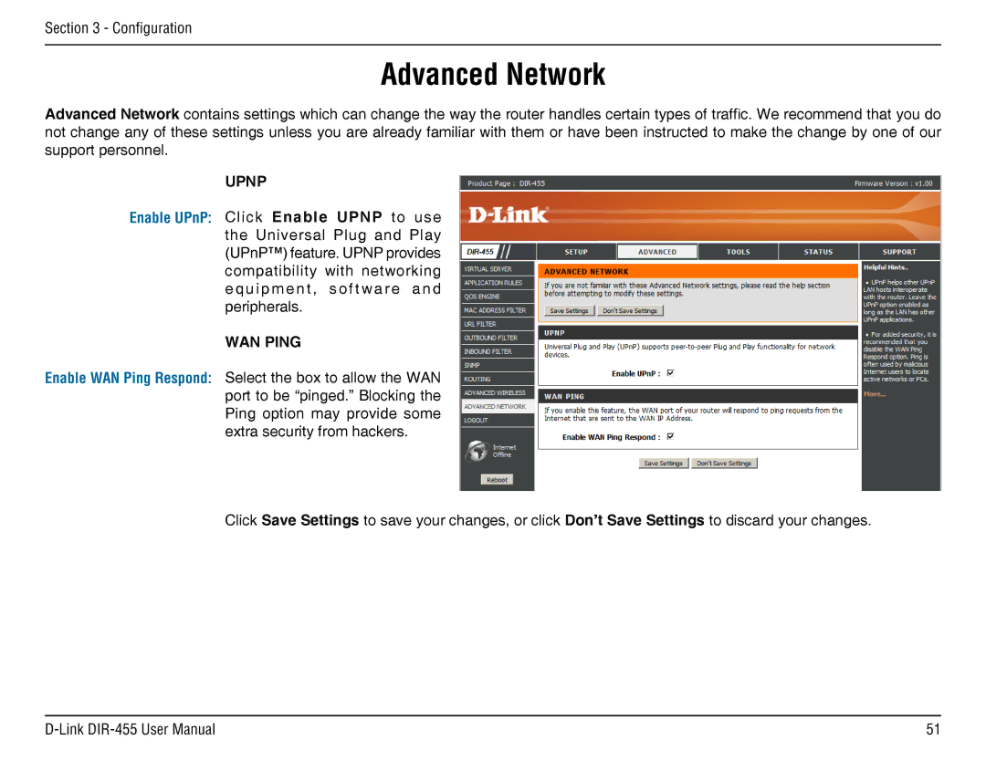 D-Link DIR-455 manual Advanced Network, Upnp, WAN Ping 