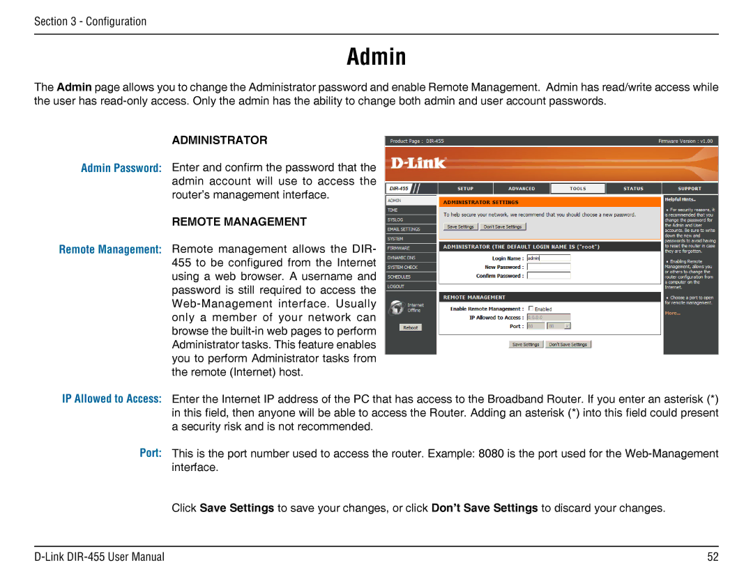 D-Link DIR-455 manual Administrator, Remote Management 