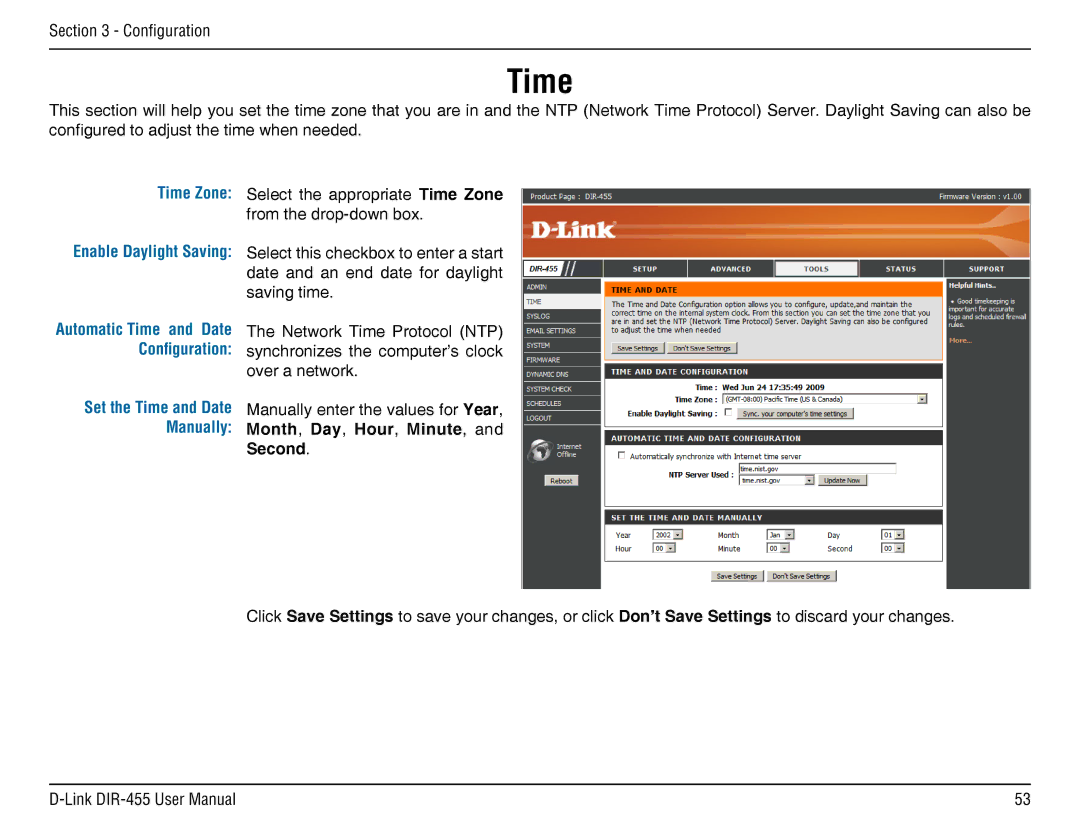 D-Link DIR-455 manual Time Zone, Configuration, Set the Time and Date, Manually 