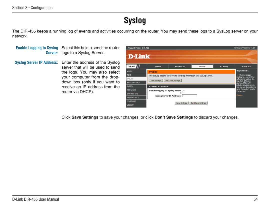 D-Link DIR-455 manual Syslog 