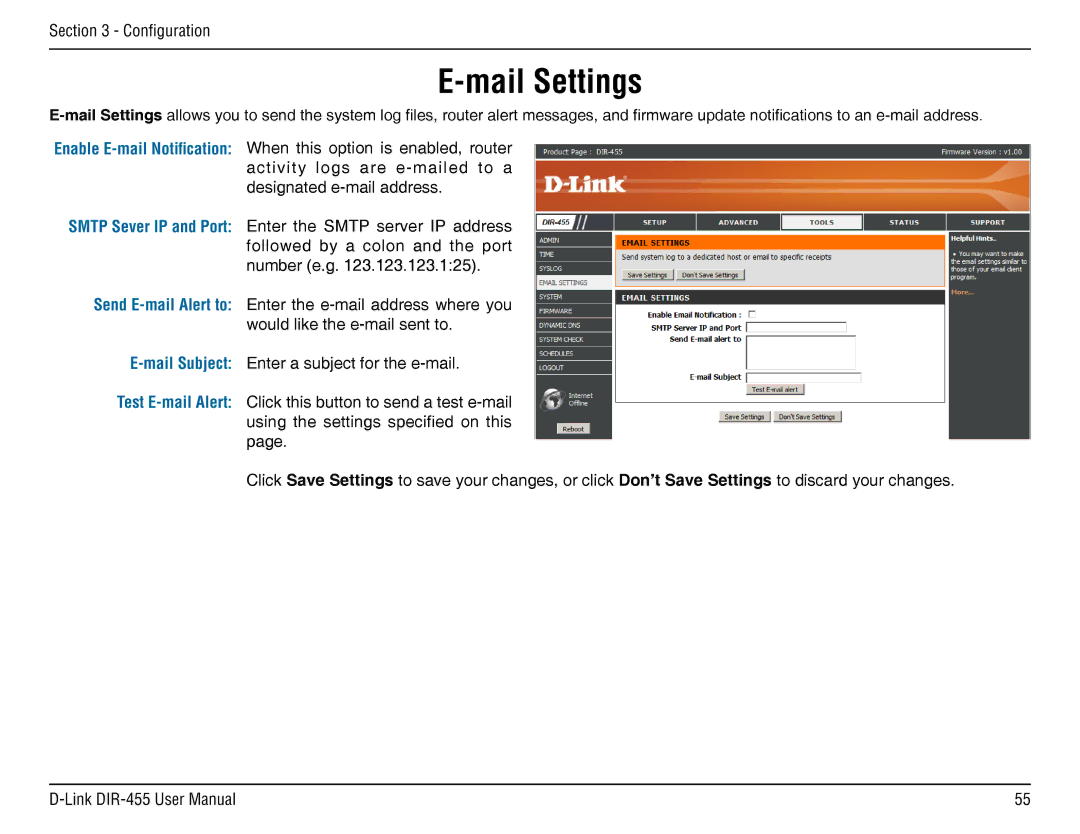 D-Link DIR-455 manual Mail Settings 