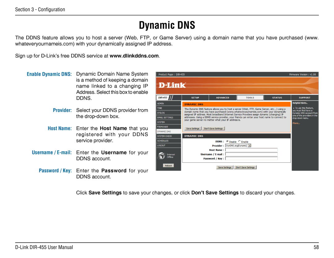 D-Link DIR-455 manual Dynamic DNS, Username / E-mail Enter the Username for your 