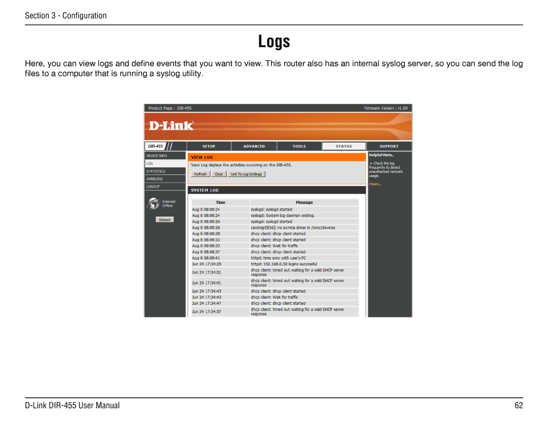 D-Link DIR-455 manual Logs 