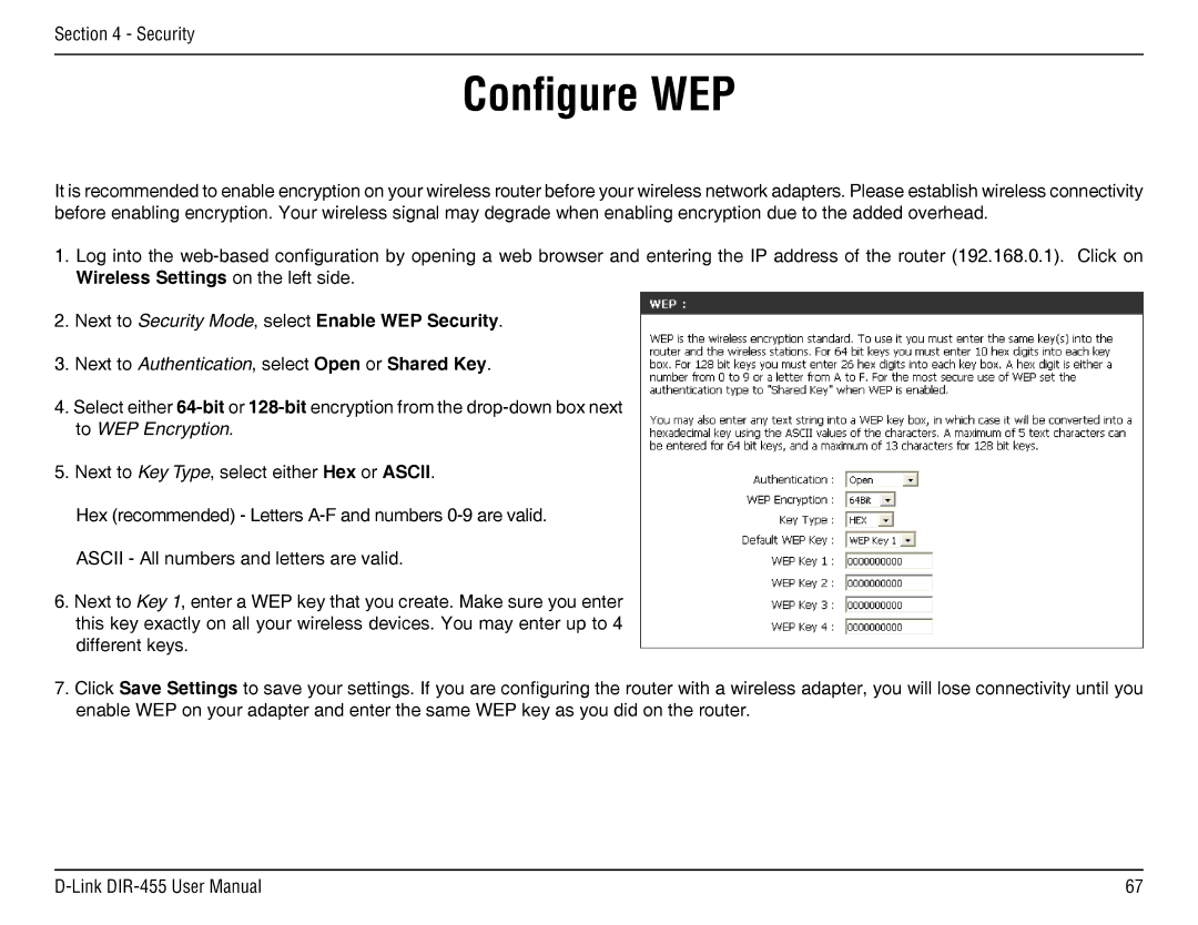 D-Link DIR-455 manual Configure WEP, Next to Security Mode, select Enable WEP Security 