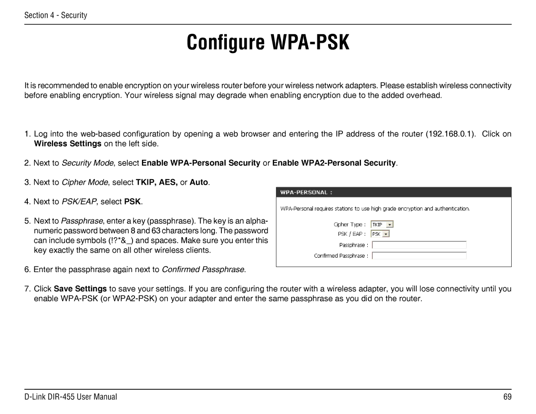 D-Link DIR-455 manual Configure WPA-PSK 