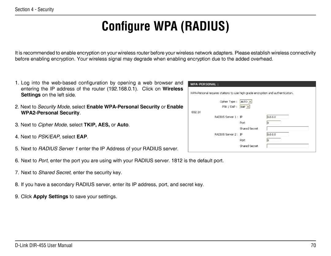 D-Link DIR-455 manual Configure WPA Radius 