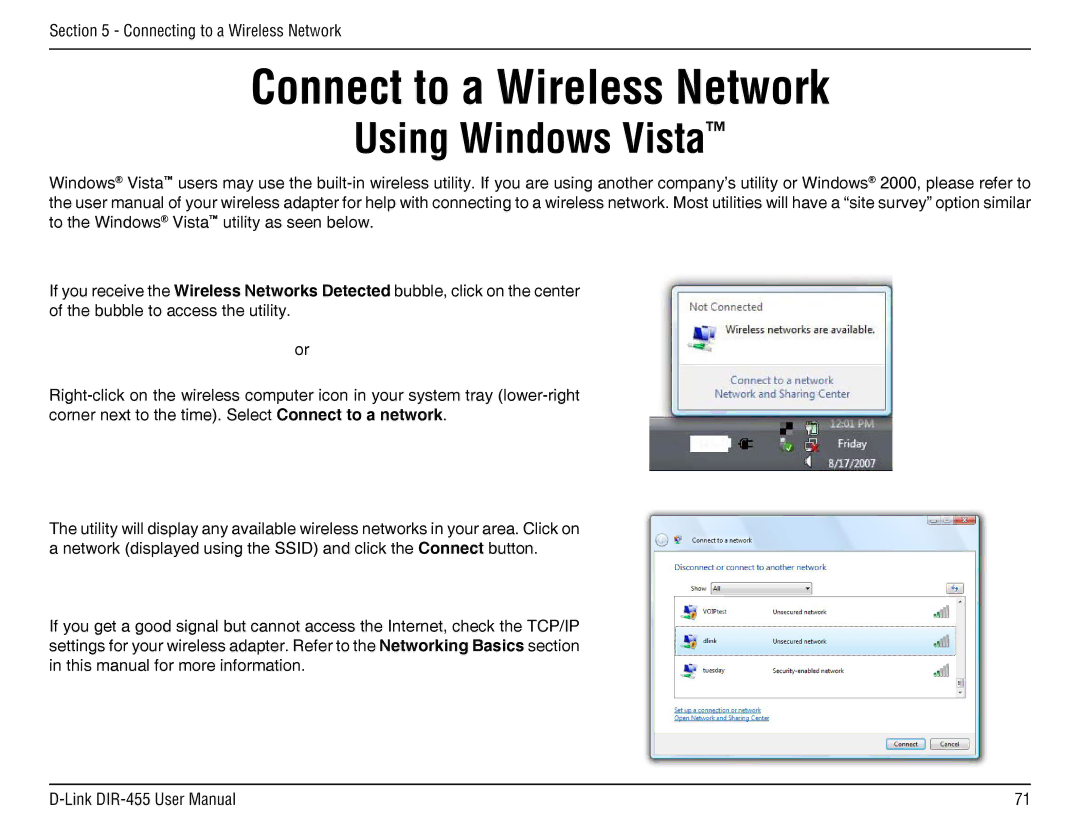 D-Link DIR-455 manual Connect to a Wireless Network, Using Windows Vista 