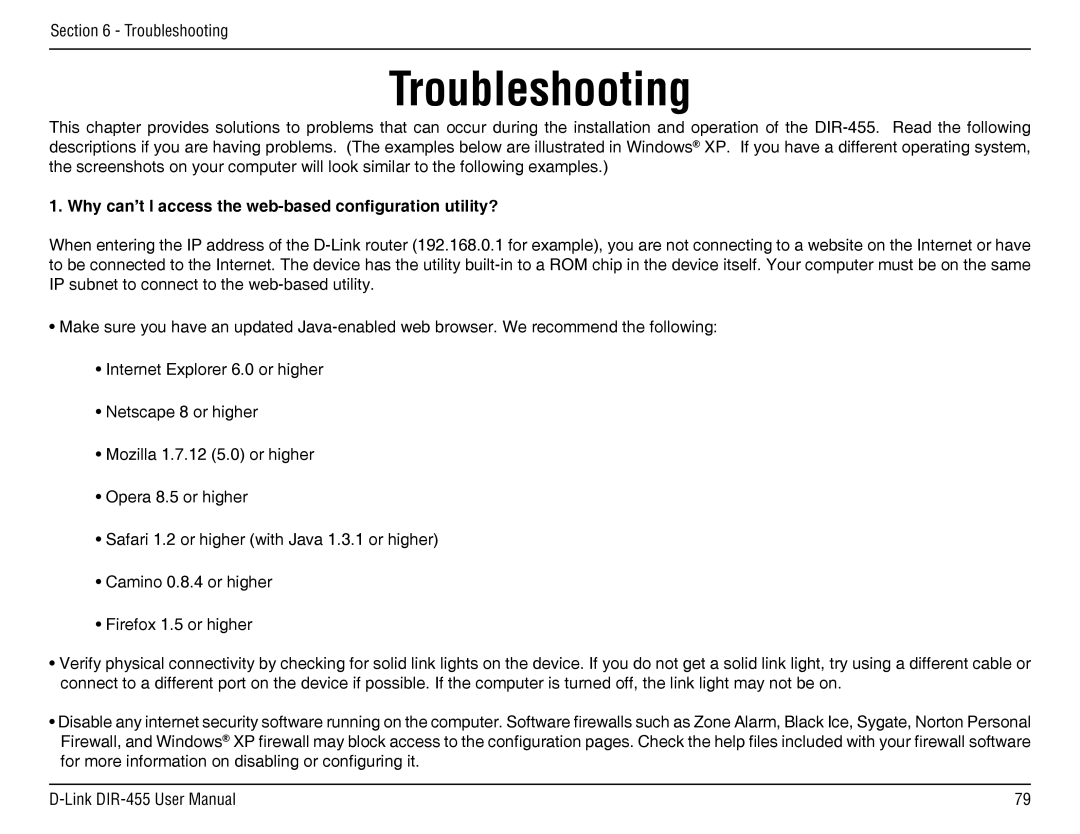 D-Link DIR-455 manual Troubleshooting, Why can’t I access the web-based configuration utility? 