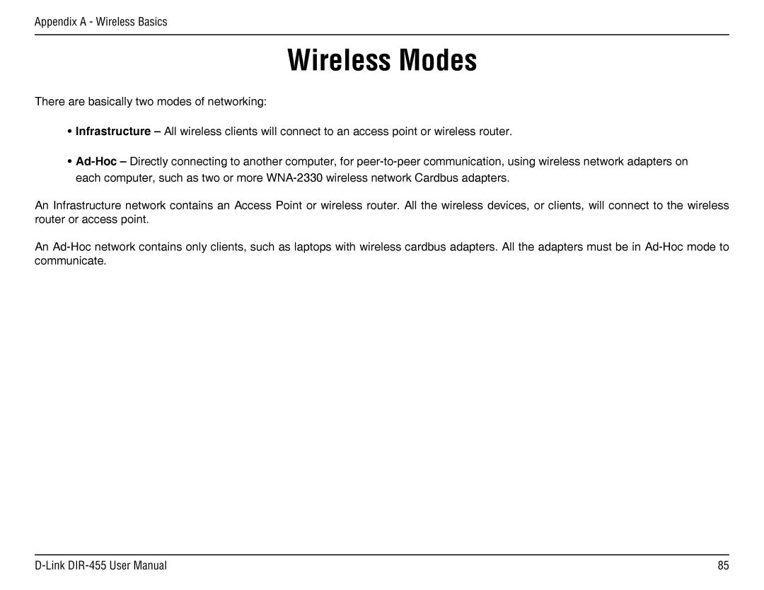 D-Link DIR-455 manual Wireless Modes 