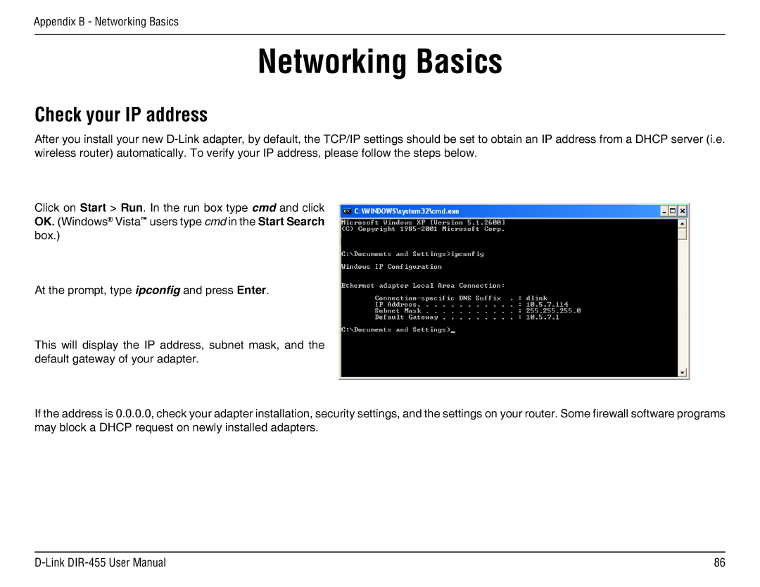 D-Link DIR-455 manual Networking Basics, Check your IP address 