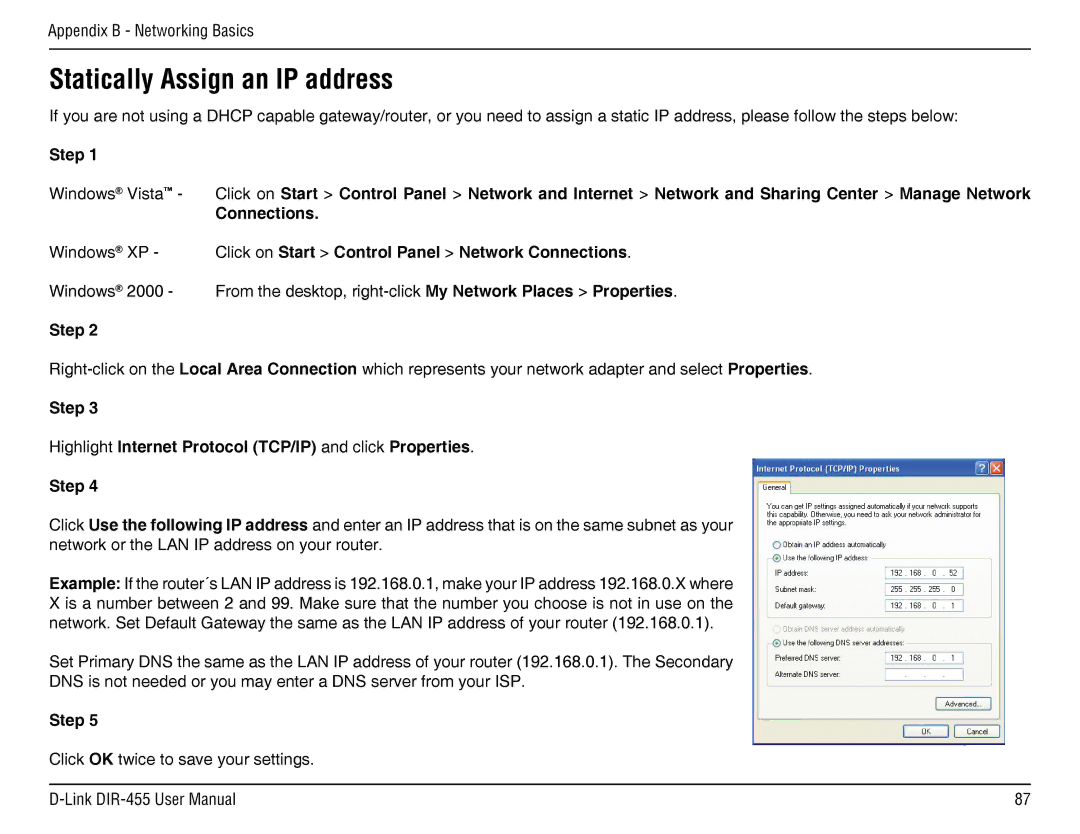 D-Link DIR-455 manual Statically Assign an IP address, Step 