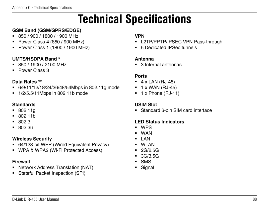 D-Link DIR-455 manual Technical Specifications, GSM Band GSM/GPRS/EDGE 