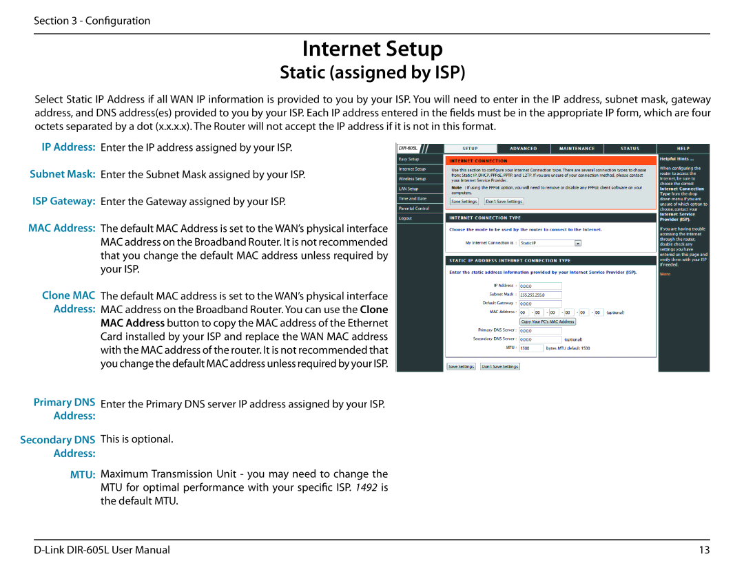 D-Link DIR-605L user manual Internet Setup, Static assigned by ISP 