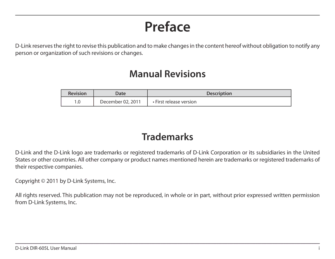 D-Link DIR-605L user manual Preface, Manual Revisions, Trademarks 