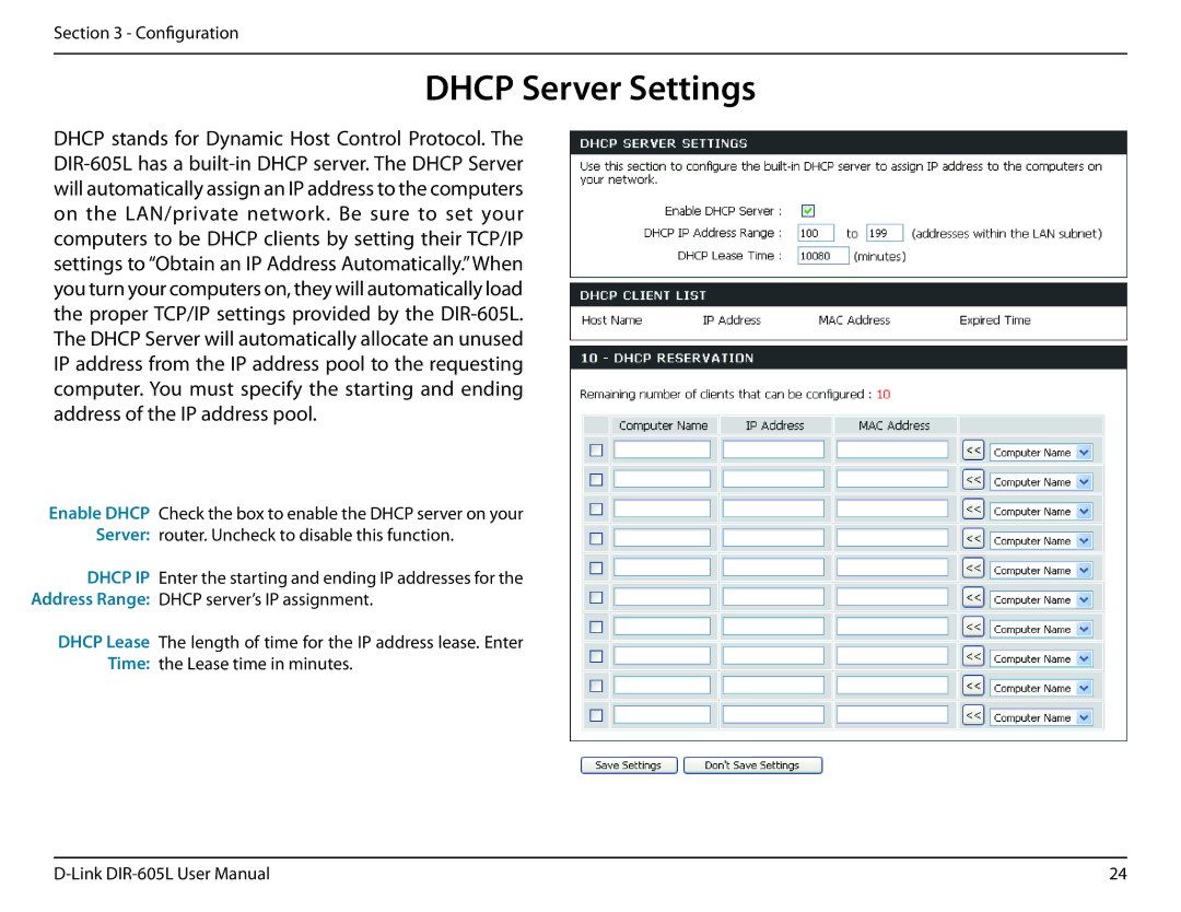 D-Link DIR-605L user manual Dhcp Server Settings 