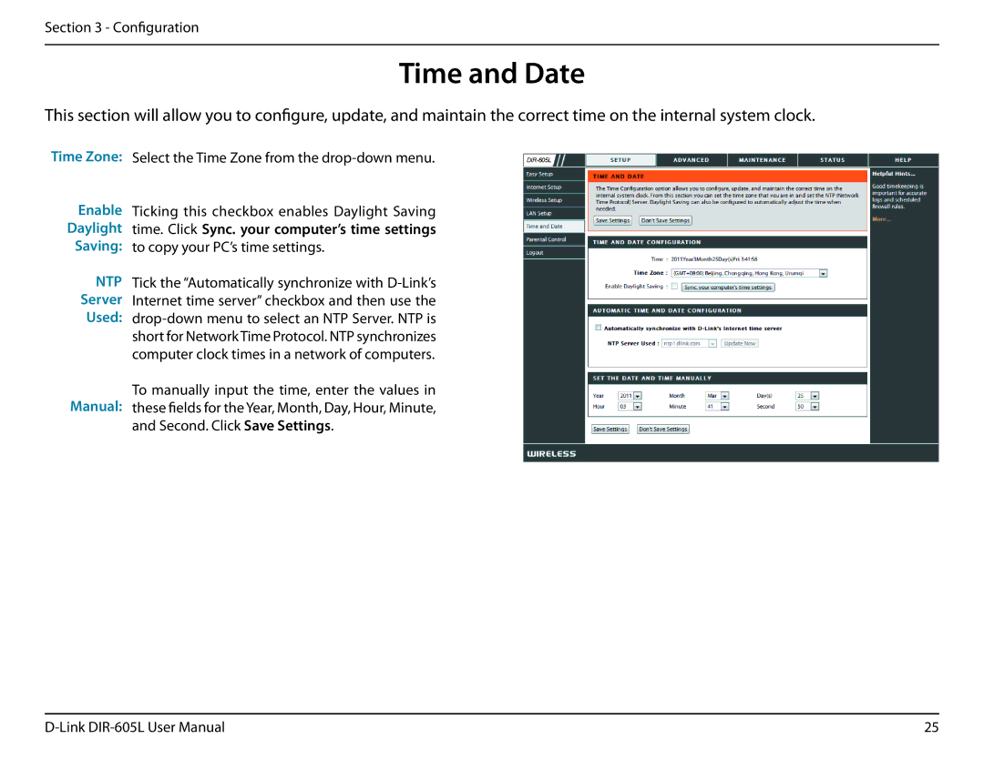 D-Link DIR-605L user manual Time and Date, Time Zone Select the Time Zone from the drop-down menu 