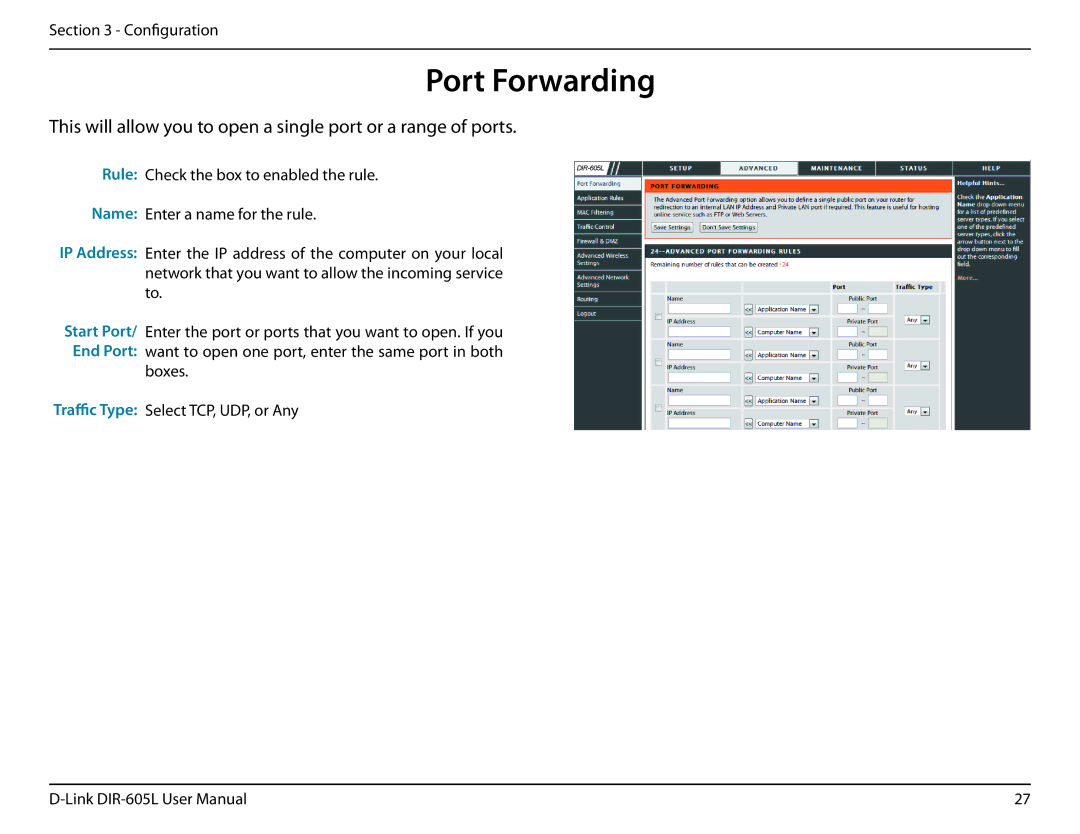 D-Link DIR-605L user manual Port Forwarding 