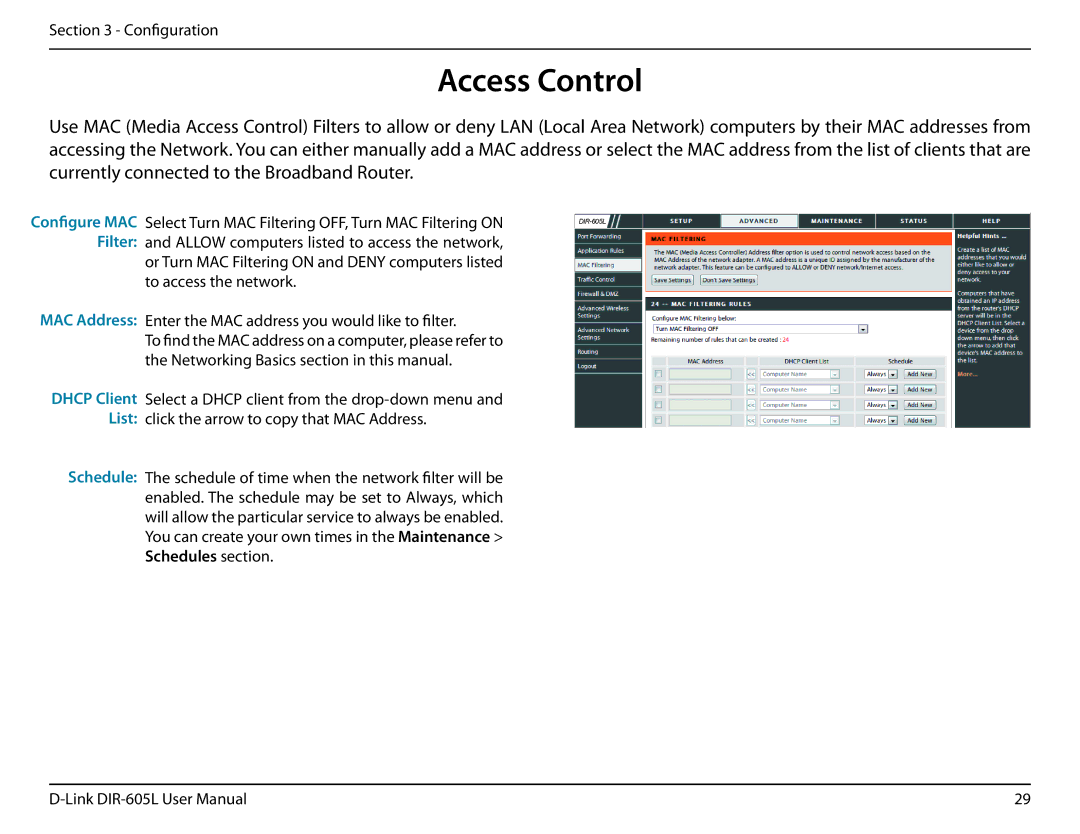 D-Link DIR-605L user manual Access Control 